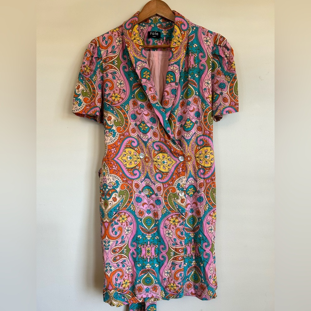 Fate Pink Floral Paisley Print Large Mini Wrap Linen Blend Dress!